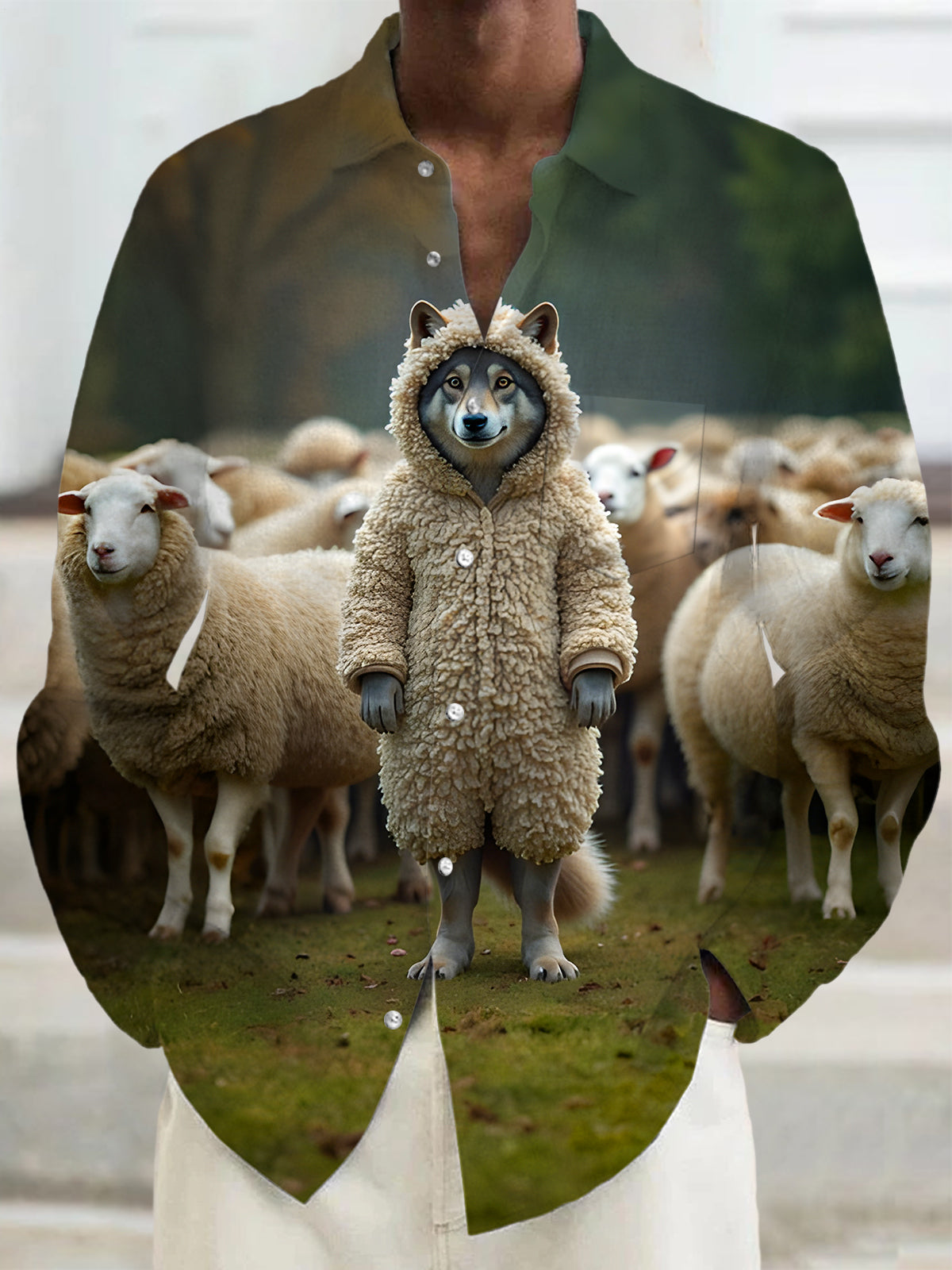 Fun A Wolf In Sheep's Clothing Among A Flock Of Sheep Men's Pocket Long Sleeve Shirts