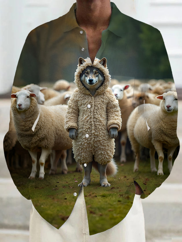 Men's wolf in sheep's clothing print long sleeve shirt front view
