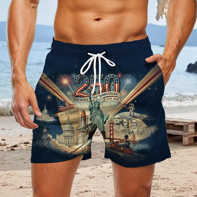 Men wearing American flag print casual shorts at coastal boardwalk for Independence Day lifestyle scene
