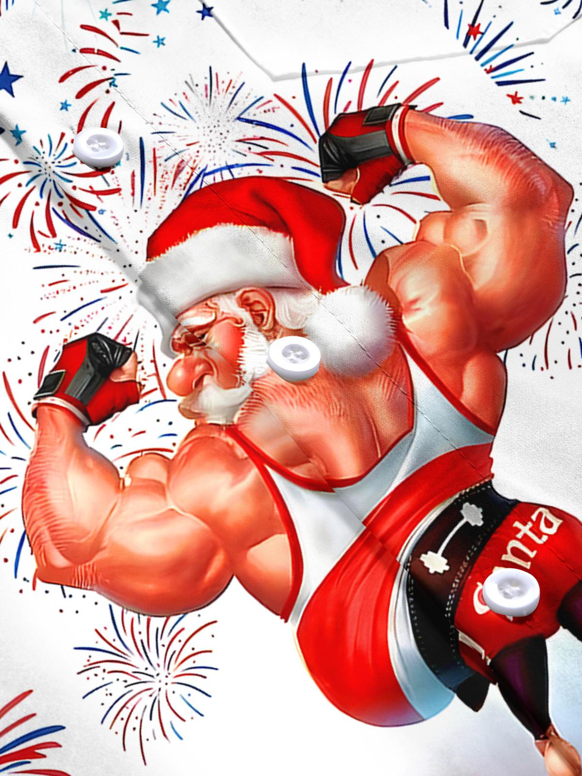 Independence Day Fireworks Muscle Santa Claus Men's Pocket Short Sleeve Shirts