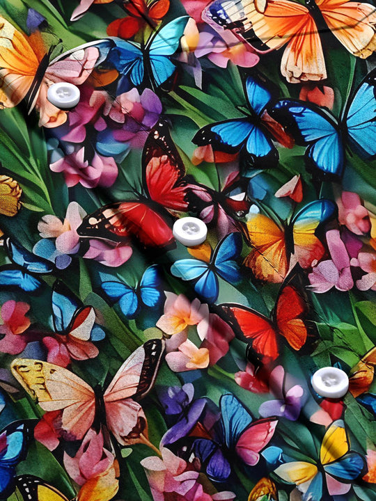 men's butterfly print short sleeve shirt flat lay view