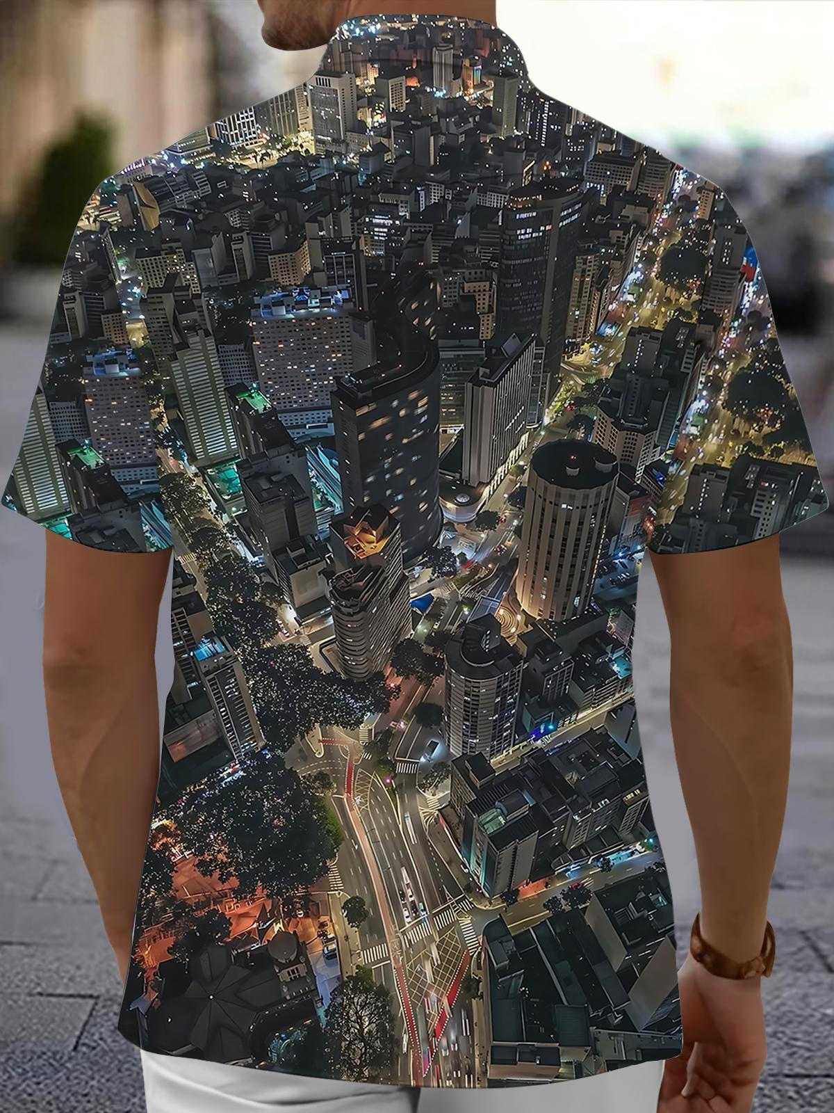 City Night Scene Print Men's Pocket Short Sleeve Shirts