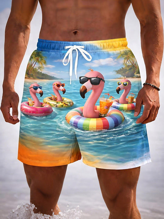 Men's Hawaiian flamingo print pocket casual shorts front view for tropical beach vacation