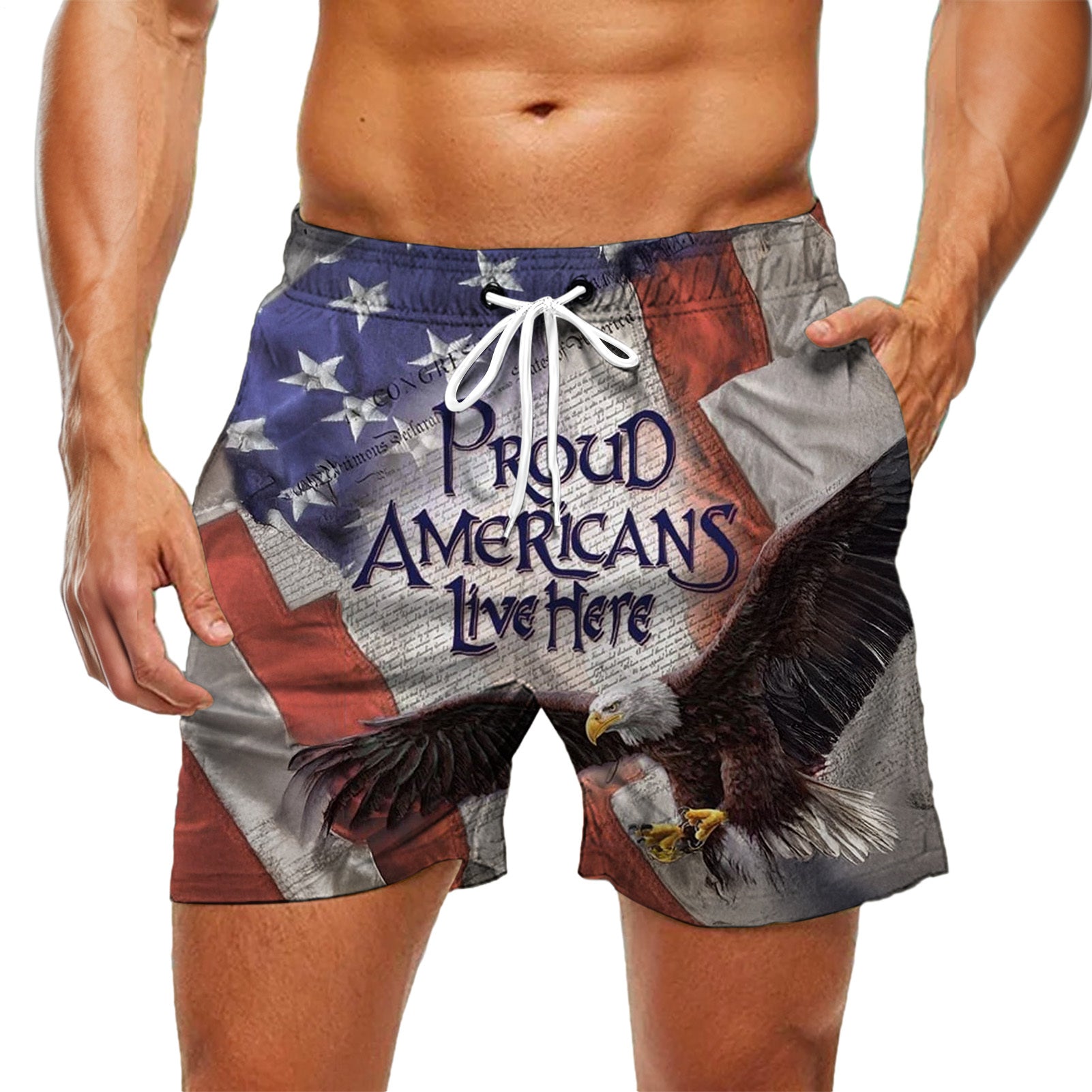 Men wearing American flag print casual shorts at seaside party for Independence Day lifestyle scene