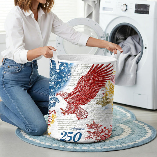 Men's red white blue quilted hamper storage bin lifestyle scene for vacation Independence Day view 14