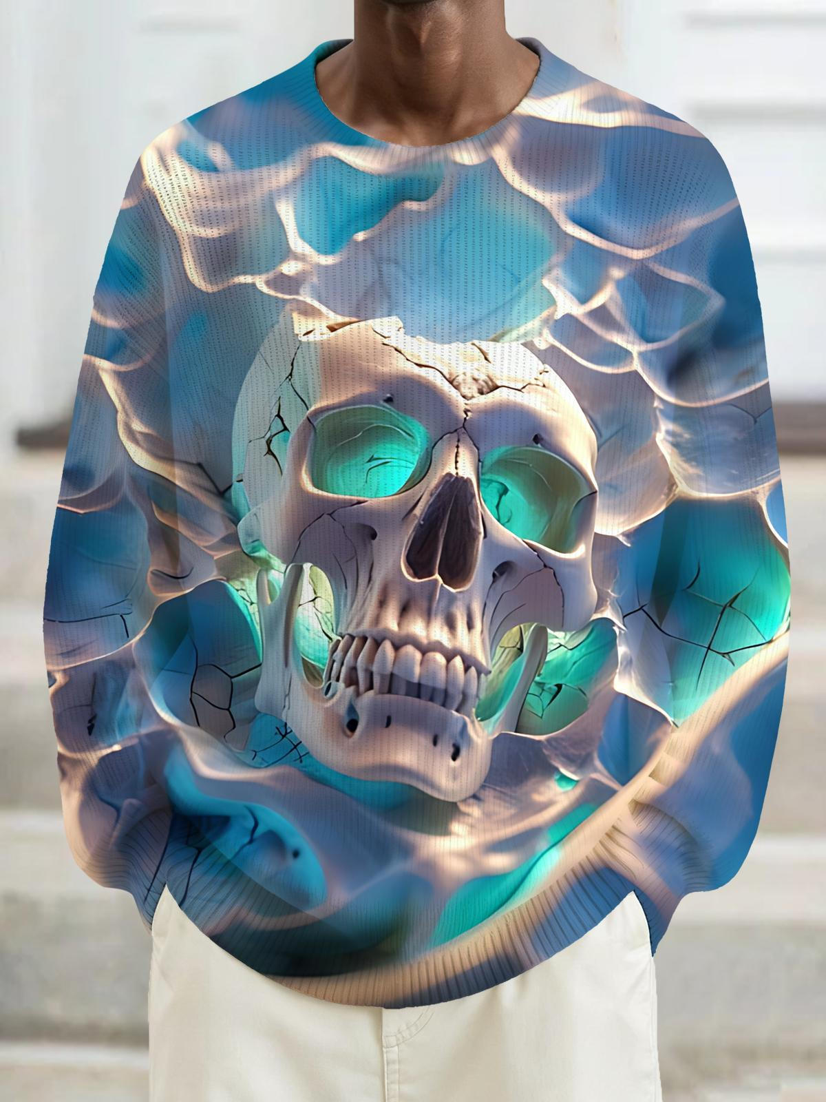 Skull Print Men's Long Sleeve Round Neck Tops