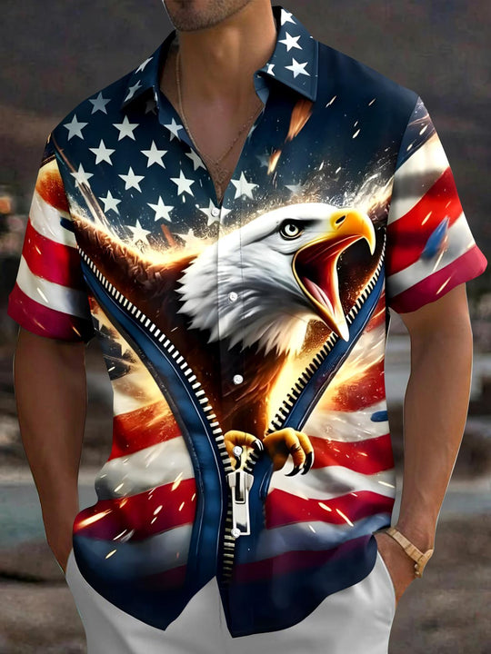 Men's short sleeve eagle American flag print shirt front view for Independence Day