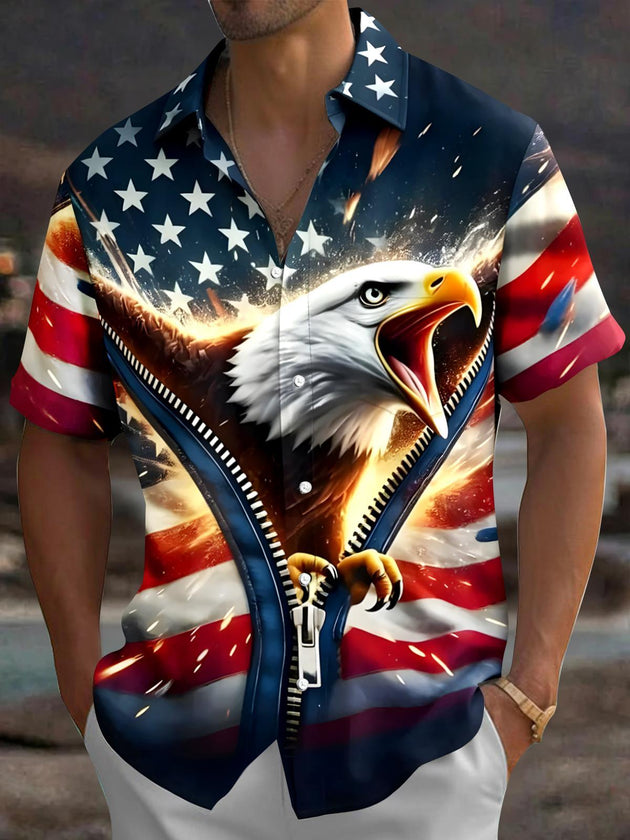 Men's short sleeve eagle American flag print shirt front view for Independence Day