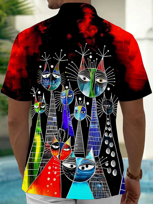 men's funny cat print short sleeve shirt back view
