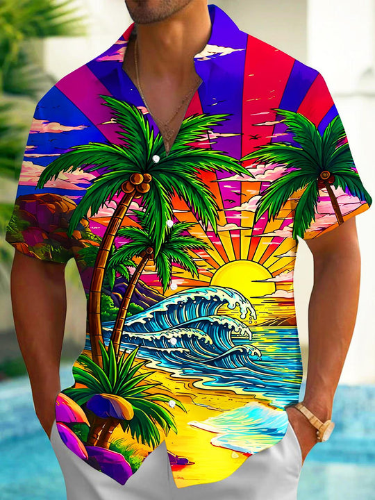 Men's vibrant Hawaiian coconut short sleeve shirt front view for beach vacation