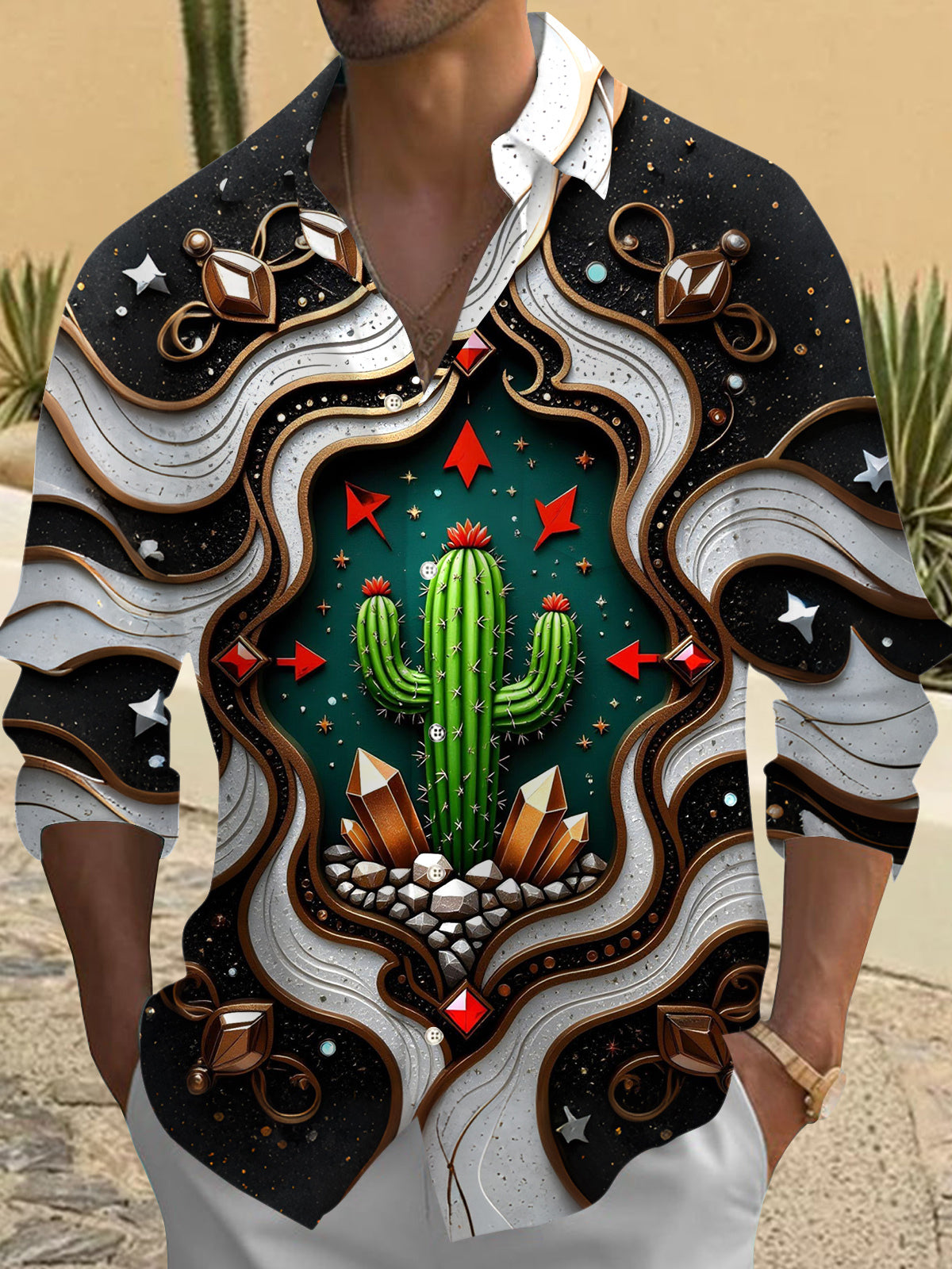 Cactus Print Men's Pocket Long Sleeve Shirts