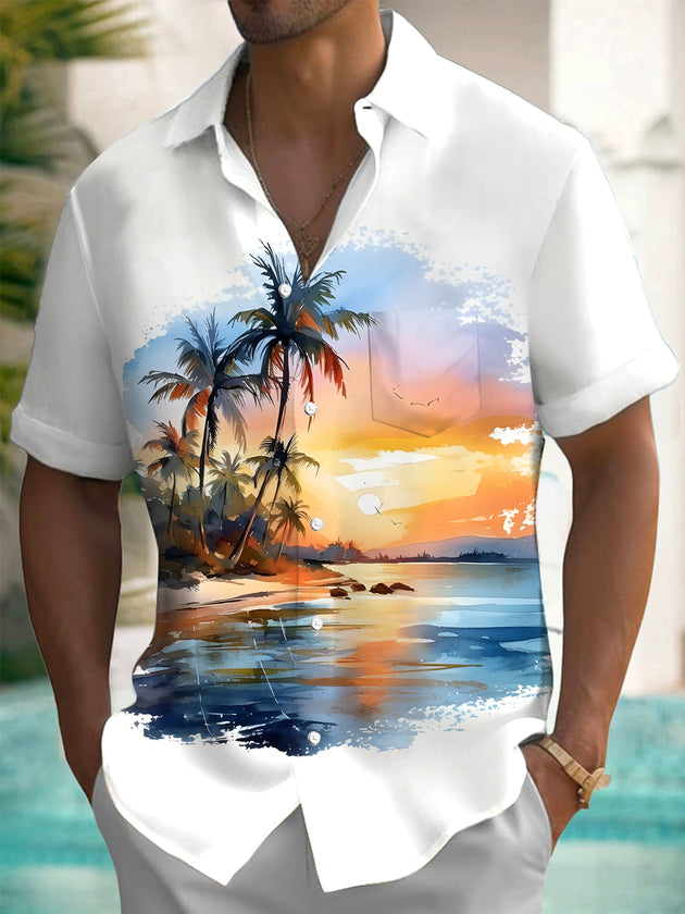 Men's Hawaiian pocket short sleeve shirt front view tropical beach vacation