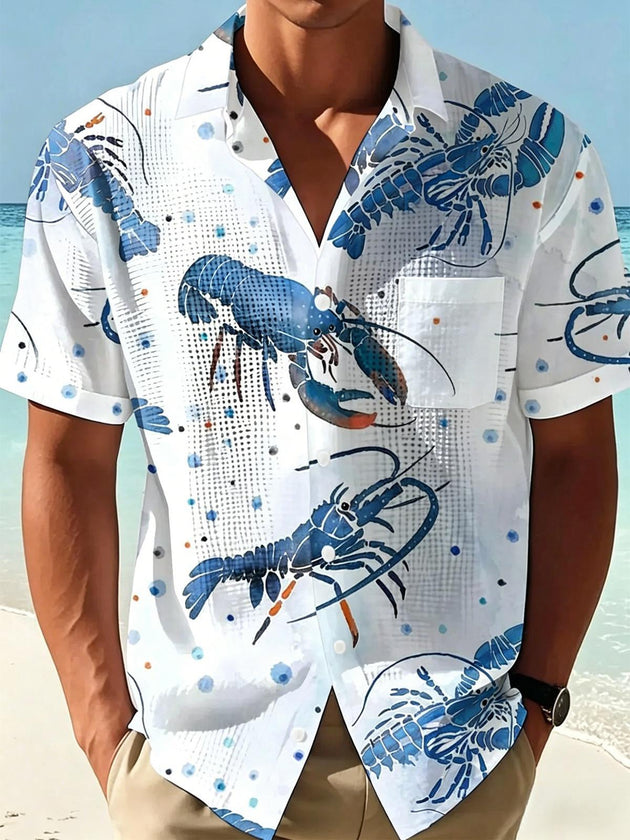 Hawaiian Blue Lobster Watercolor Men's Pocket Short Sleeve Shirts