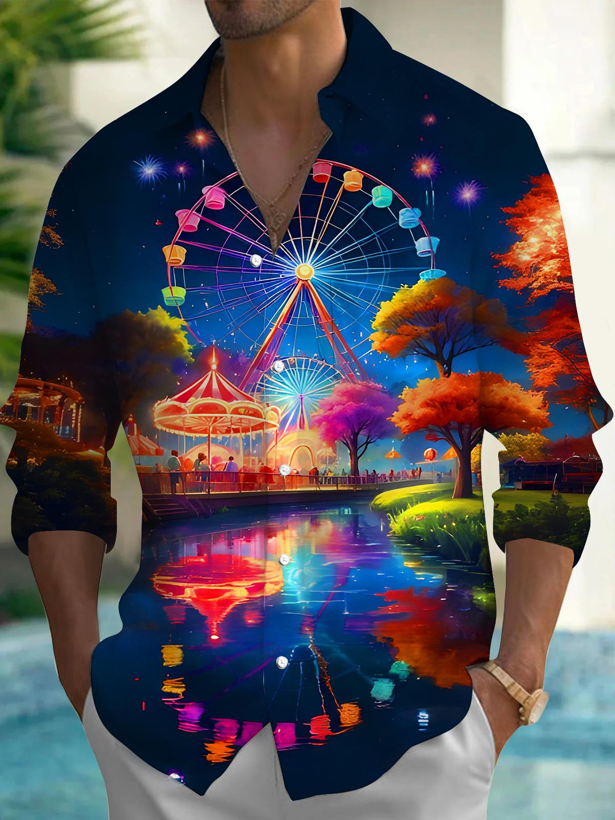Colorful Amusement Park Ferris Wheel Trees Men's Pocket Long Sleeve Shirts