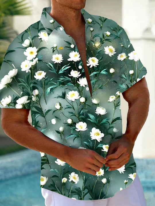 Men's floral short sleeve Hawaiian shirt front view for tropical beach vacation