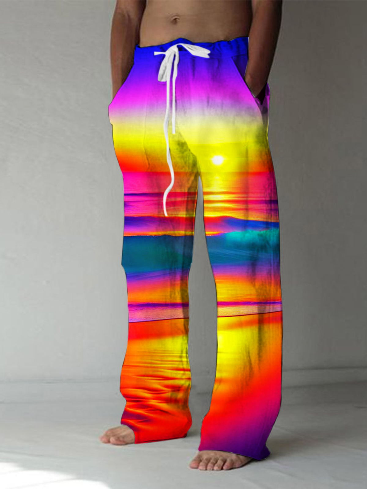 Sunset Gradient Print Men's Casual Elastic Waist Pants