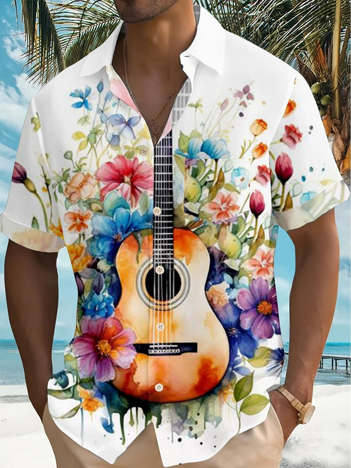 Music Guitar Floral Print Men's Pocket Short Sleeve Shirts