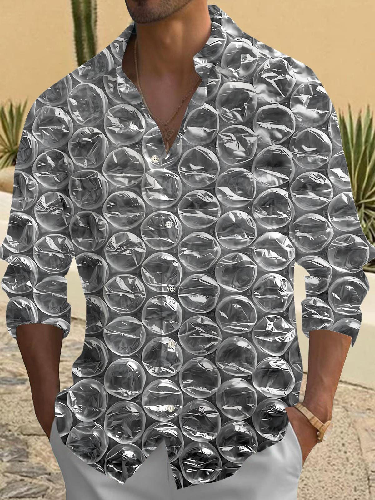 Bubble Film Print Men's Pocket Long Sleeve Shirts
