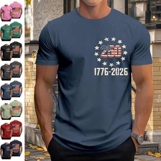 Men casual short sleeve American flag print graphic tee front view for Independence Day