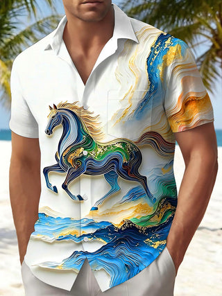3D Art Gilded Marble Texture Steed Horse Men's Pocket Short Sleeve Shirts