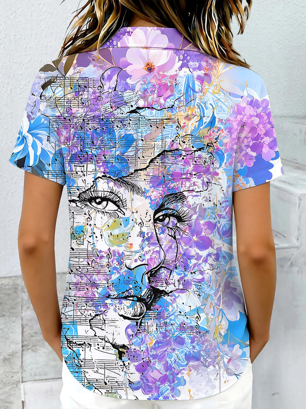 Art Face Floral Musical Note Women's Short Sleeve Shirts