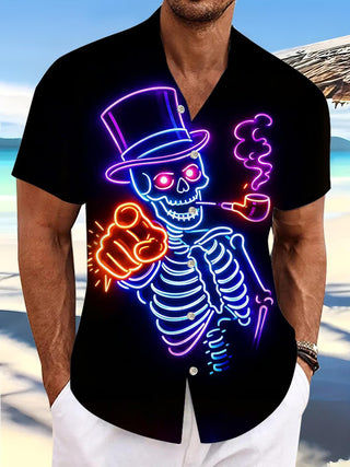 Dark Neon Colorful Skeleton Gentleman Men's Pocket Short Sleeve Shirts