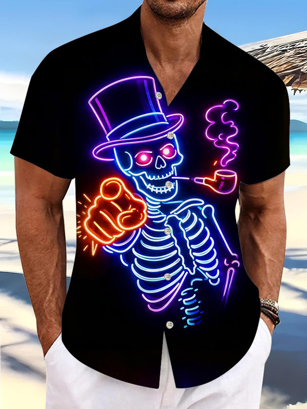 Dark Neon Colorful Skeleton Gentleman Men's Pocket Short Sleeve Shirts