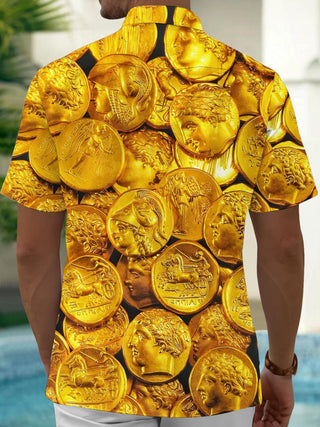 Men's gold coin print pocket short sleeve shirt back view