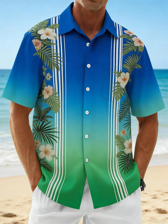 Hawaiian Tropical Flower Gradient Stripe Men's Pocket Short Sleeve Shirts