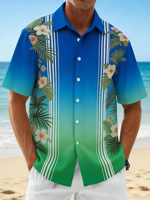 Hawaiian Tropical Flower Gradient Stripe Men's Pocket Short Sleeve Shirts