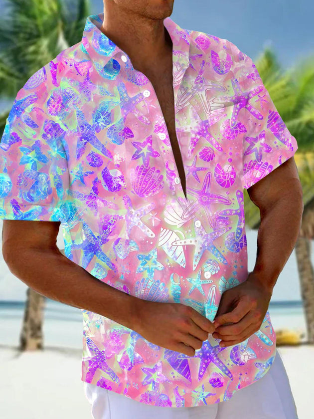 Men's blue Hawaiian fish print short sleeve shirt front view tropical beach vacation