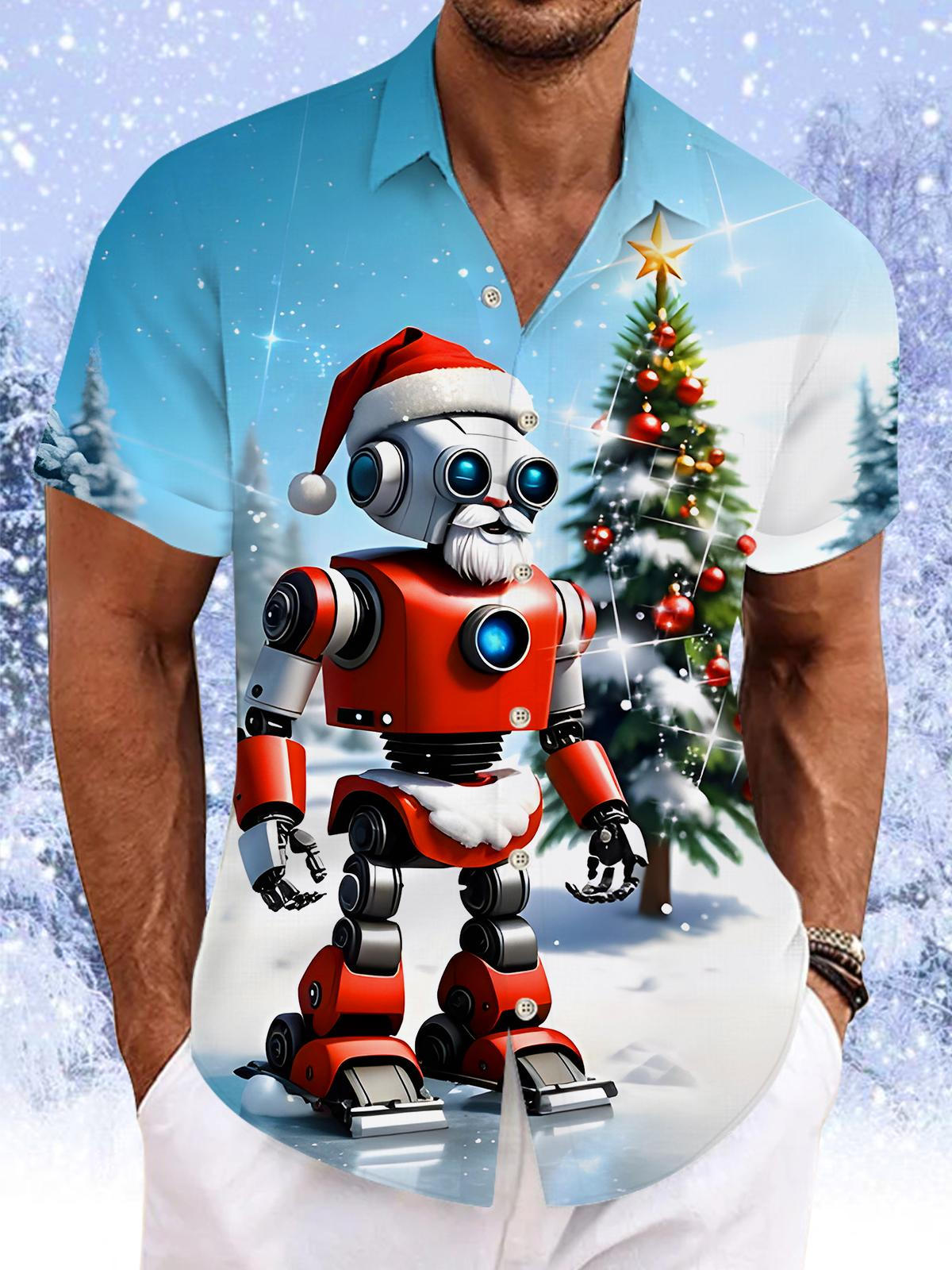 Fun Christmas Robot Xmas Men's Pocket Short Sleeve Shirts