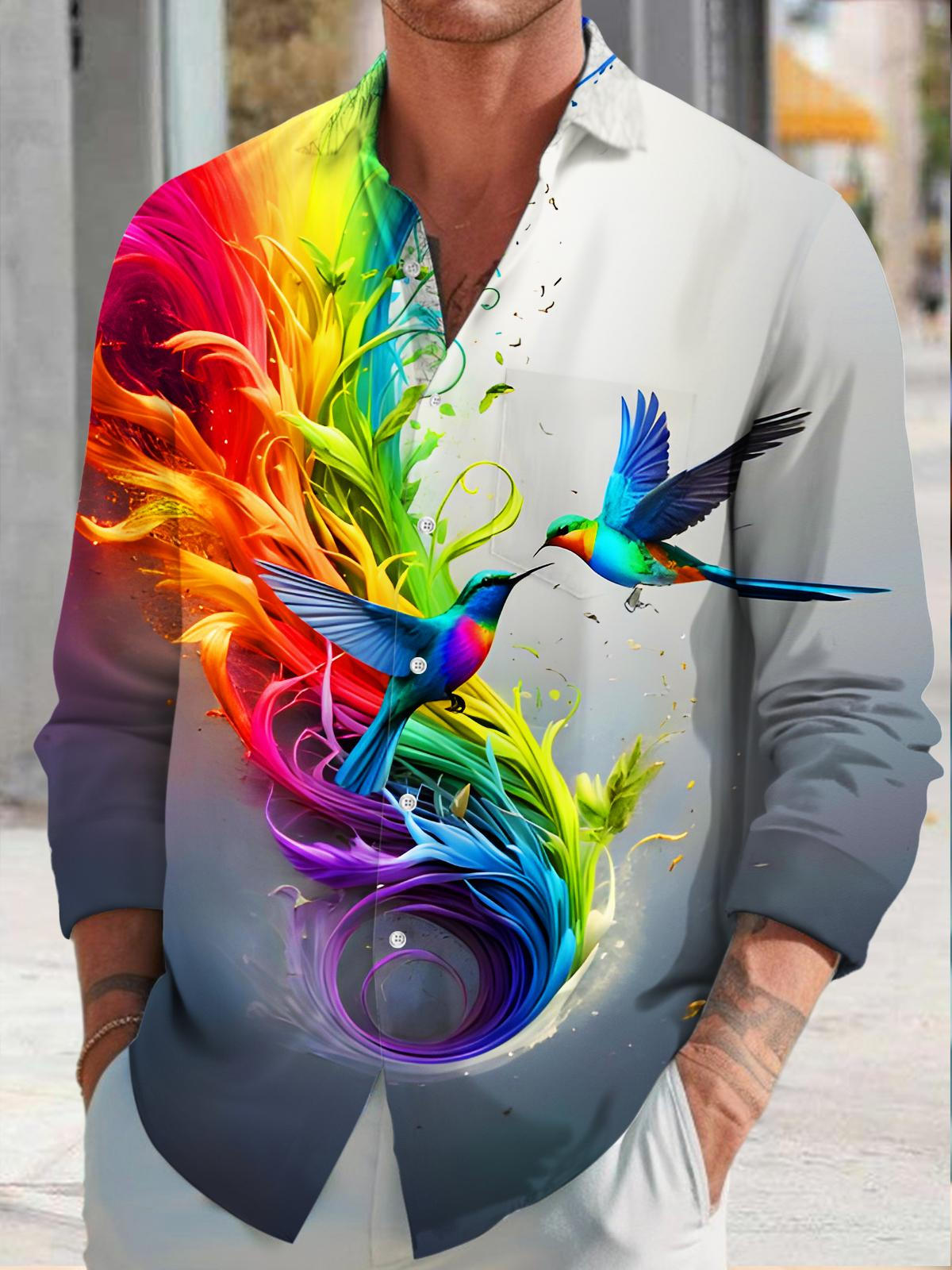 Tie Dye Flowing Rainbow Birds Men's Pocket Long Sleeve Shirts