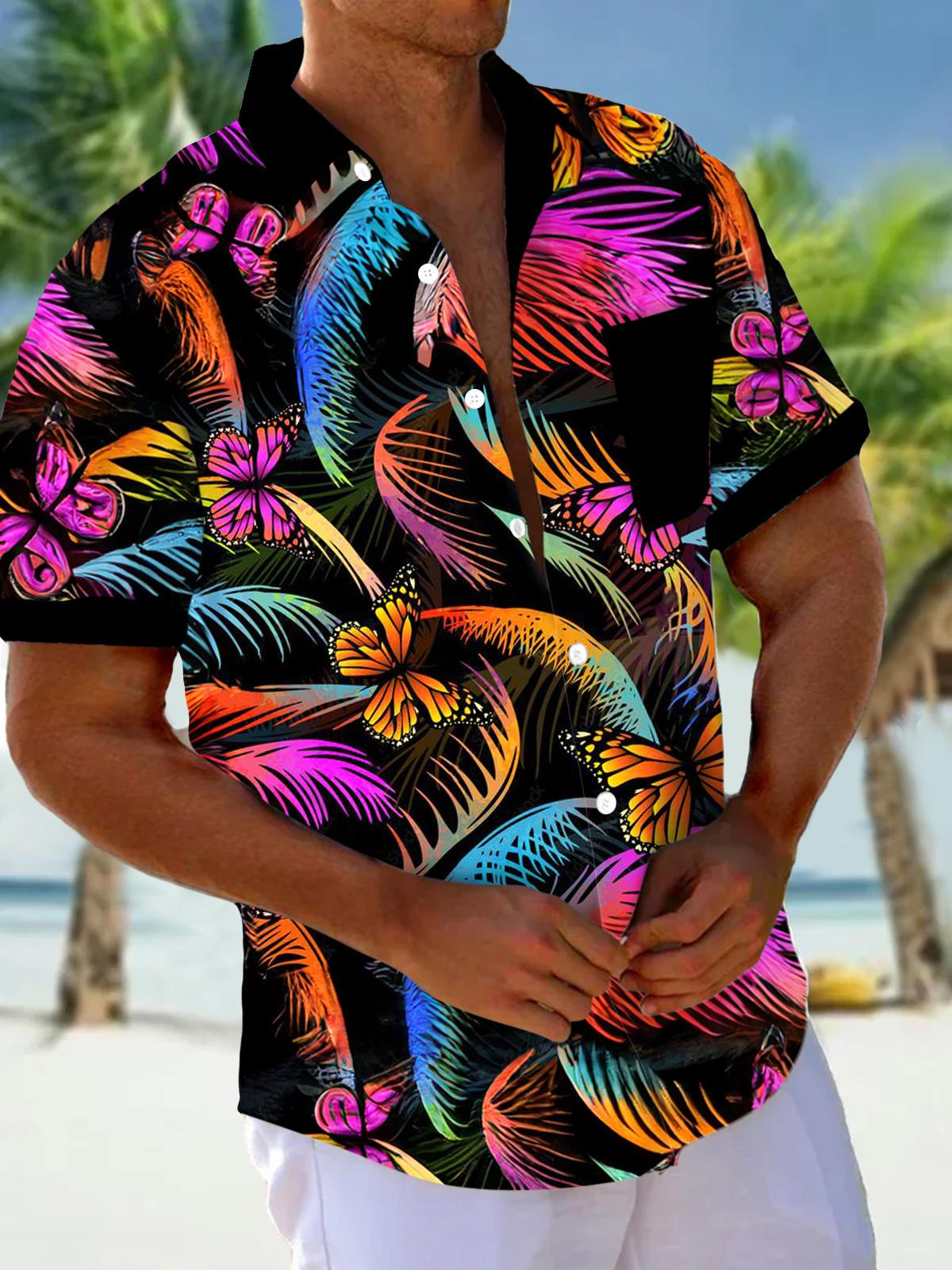 Butterfly Leaf Print Men's Pocket Short Sleeve Shirts