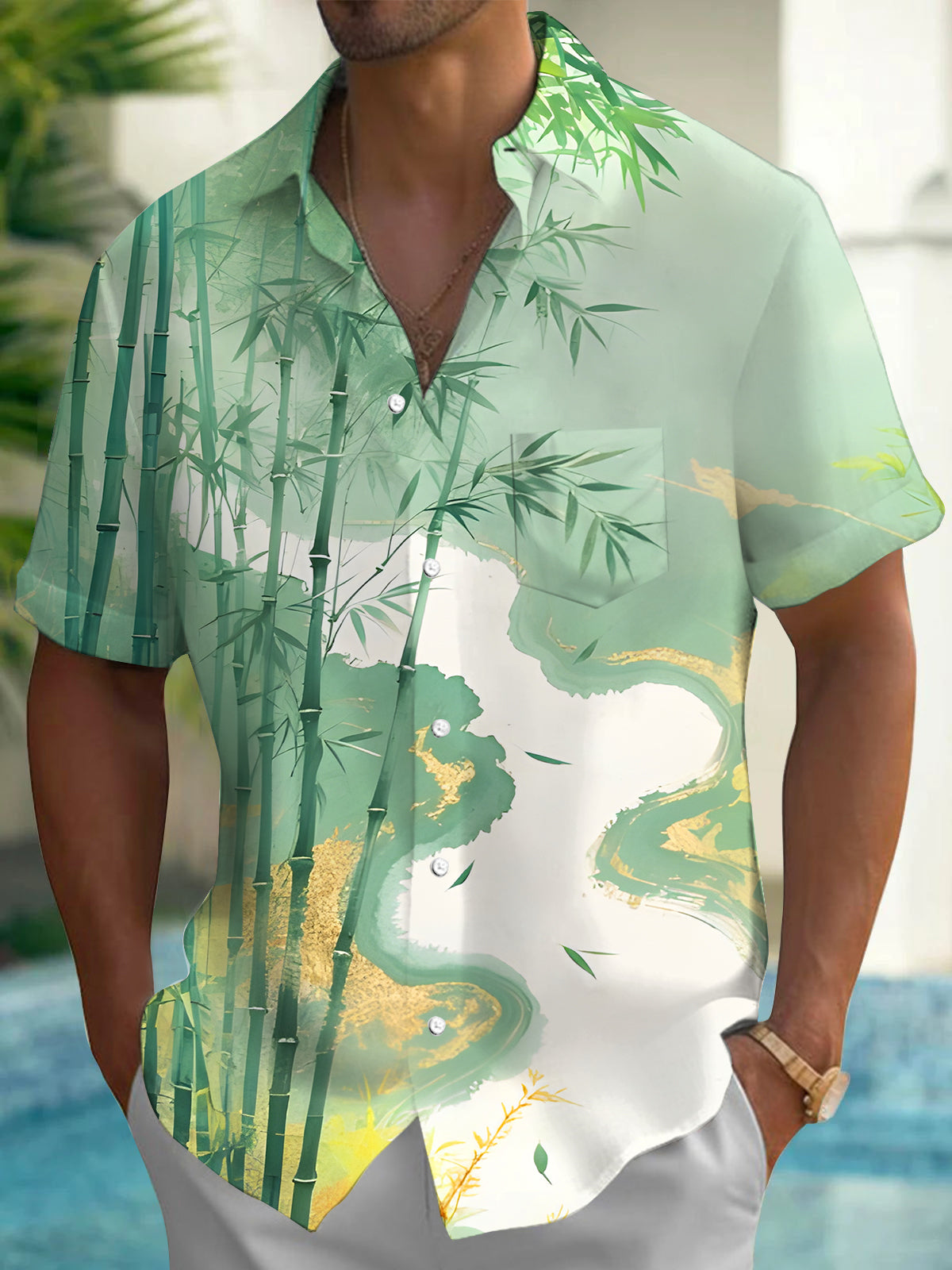 Bamboo Forest Men's Pocket Short Sleeve Shirts