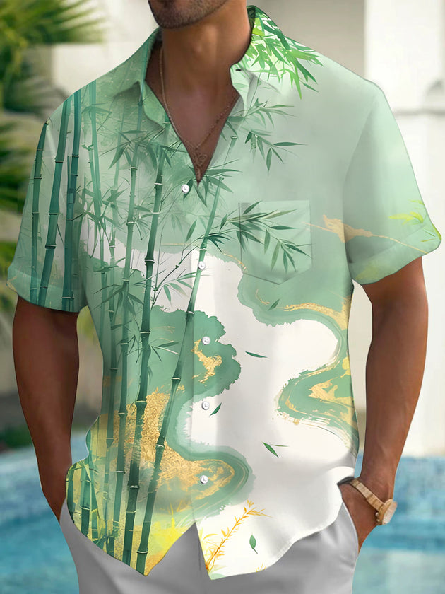 Men's bamboo forest print short sleeve shirt back view