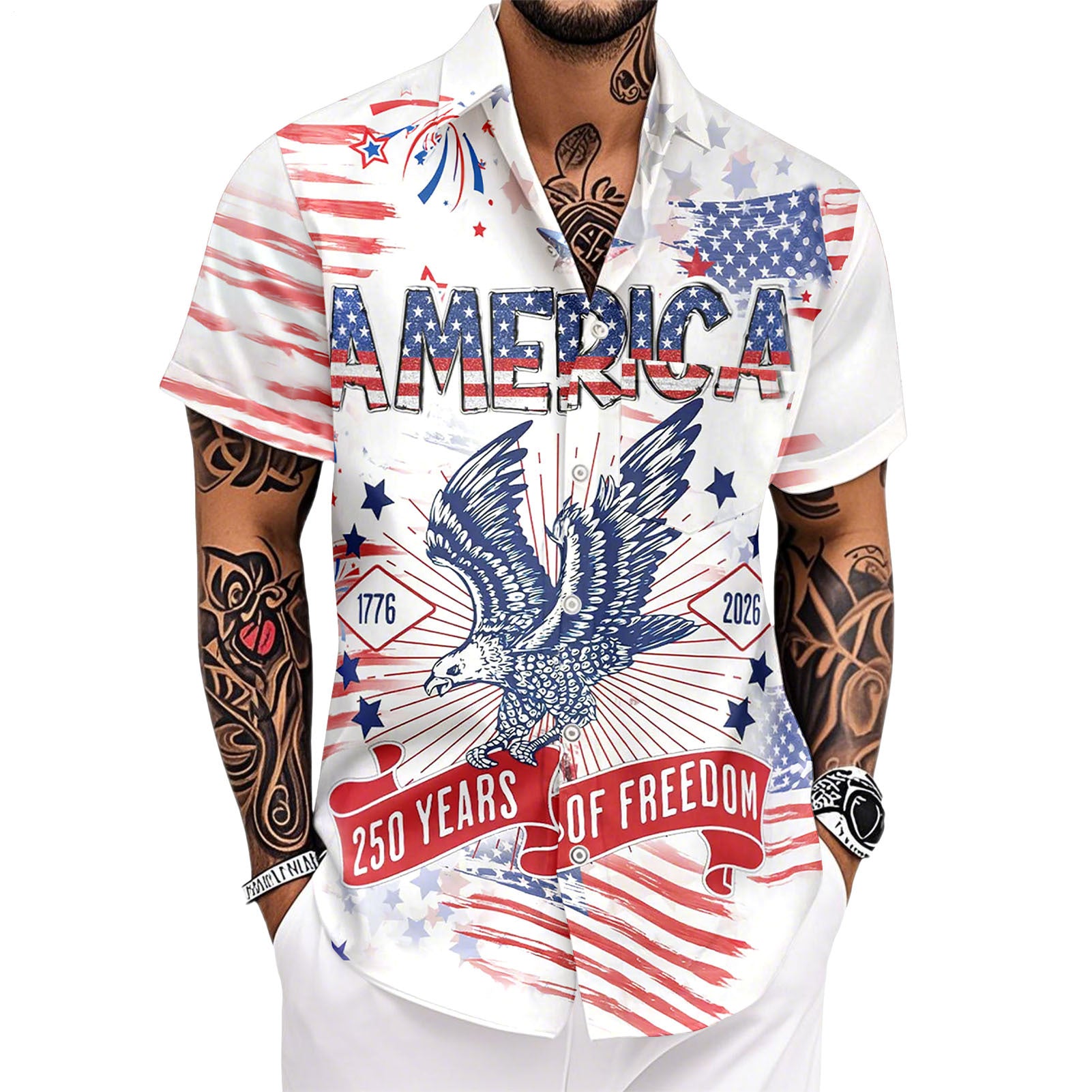 Patriotic Hawaiian Shirts for Men 250 Years Eagle Flag Patriotic Button Up Shirt Hawaiian Outfit for Parade sweetie