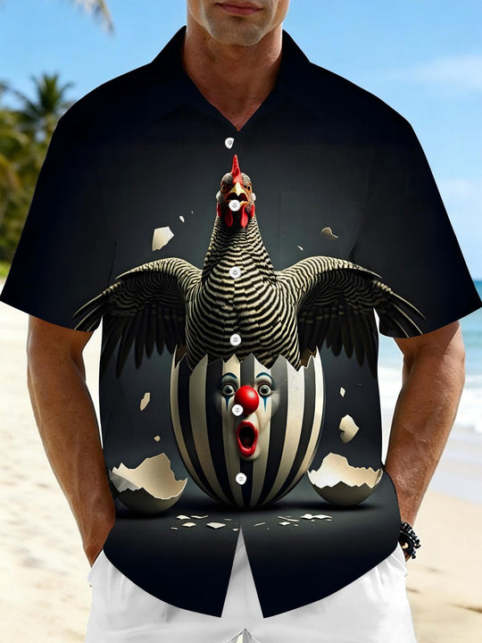 Men's dark clown joker chicken print short sleeve shirt front view