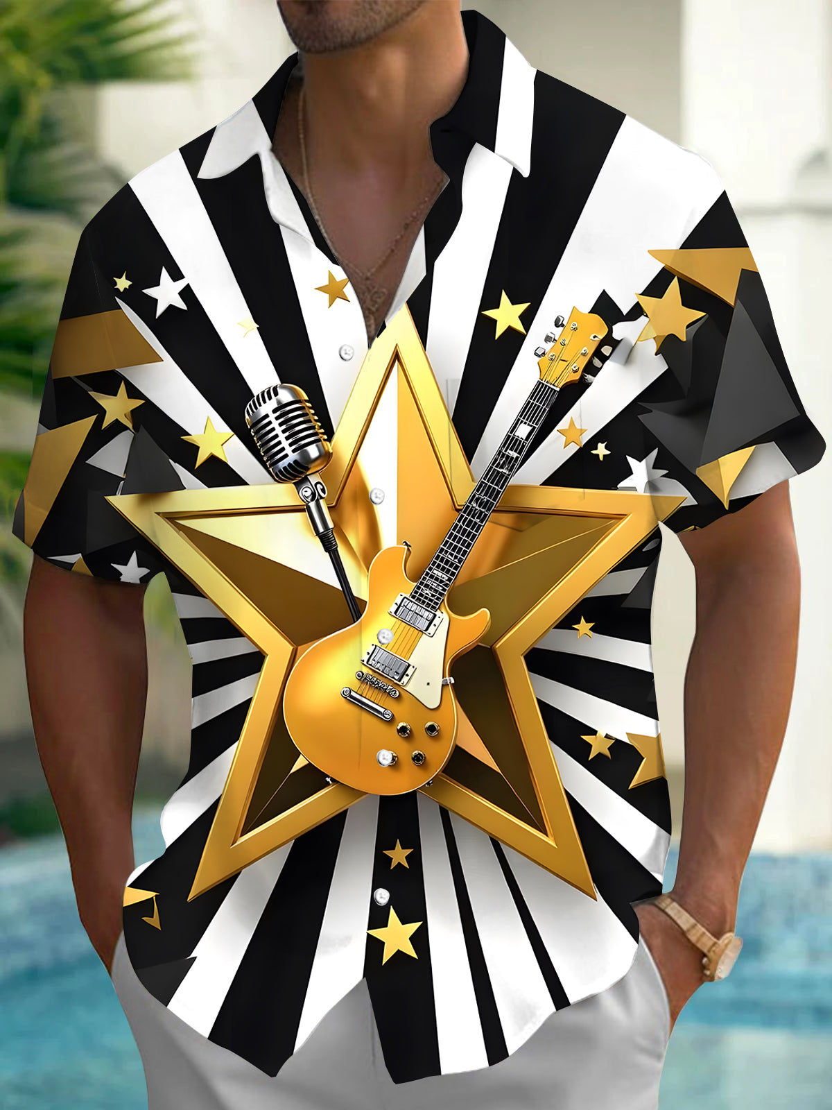 Guitar Microphone Star Men's Pocket Short Sleeve Shirts
