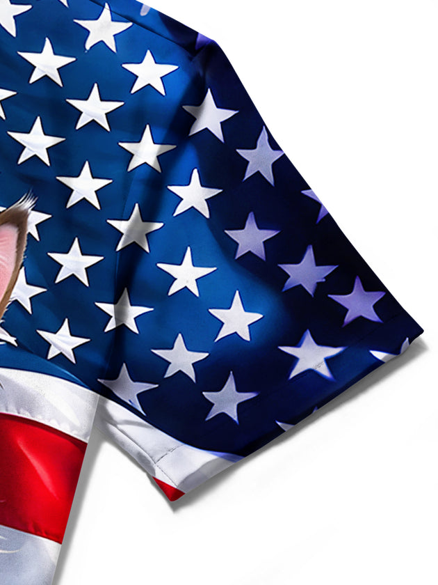 Men's American flag print short sleeve shirt pocket detail close-up