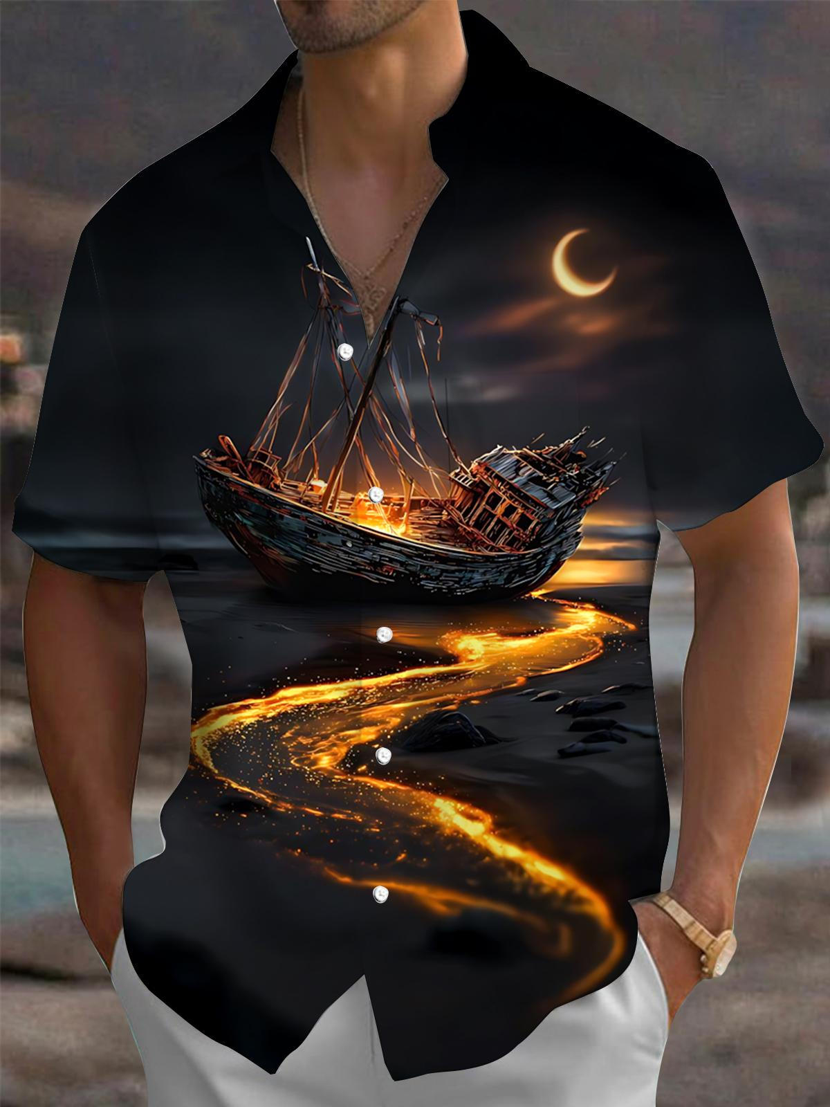Ship Moon Print Men's Pocket Short Sleeve Shirts