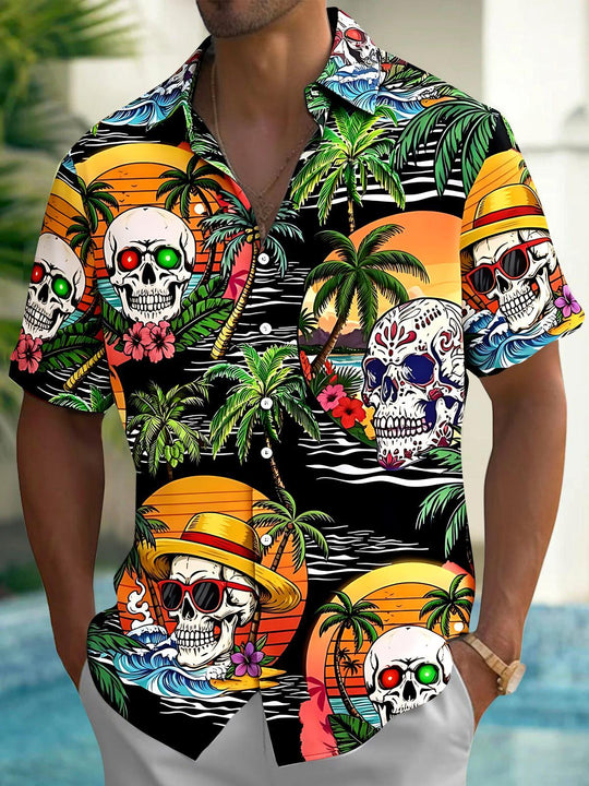 Hawaiian Sunset Skull Men's Pocket Short Sleeve Shirts
