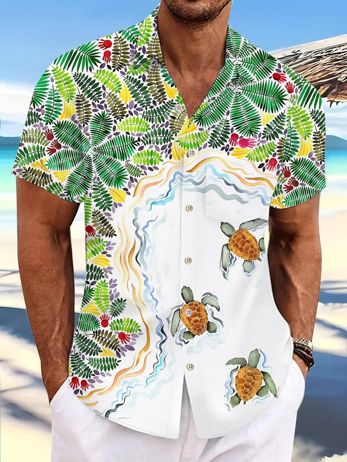 Hawaiian Plant Turtle Print Men's Pocket Short Sleeve Shirts