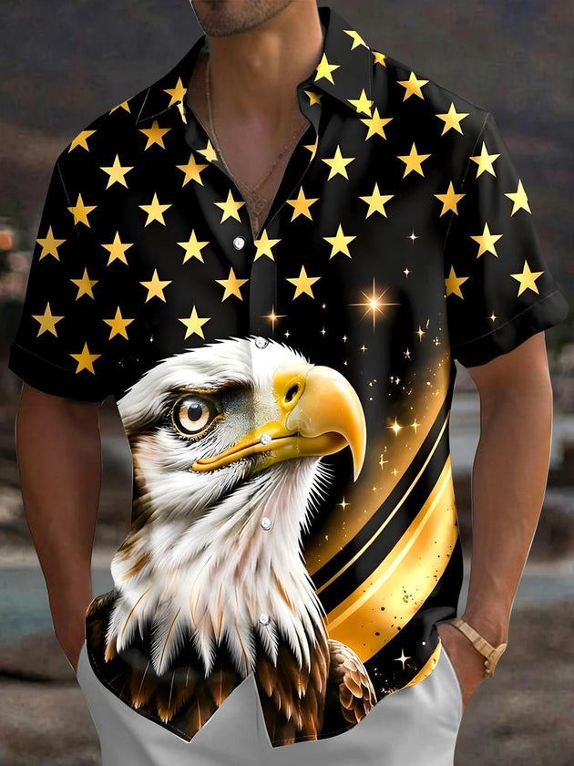 Men's short sleeve eagle American flag print shirt front view for Independence Day
