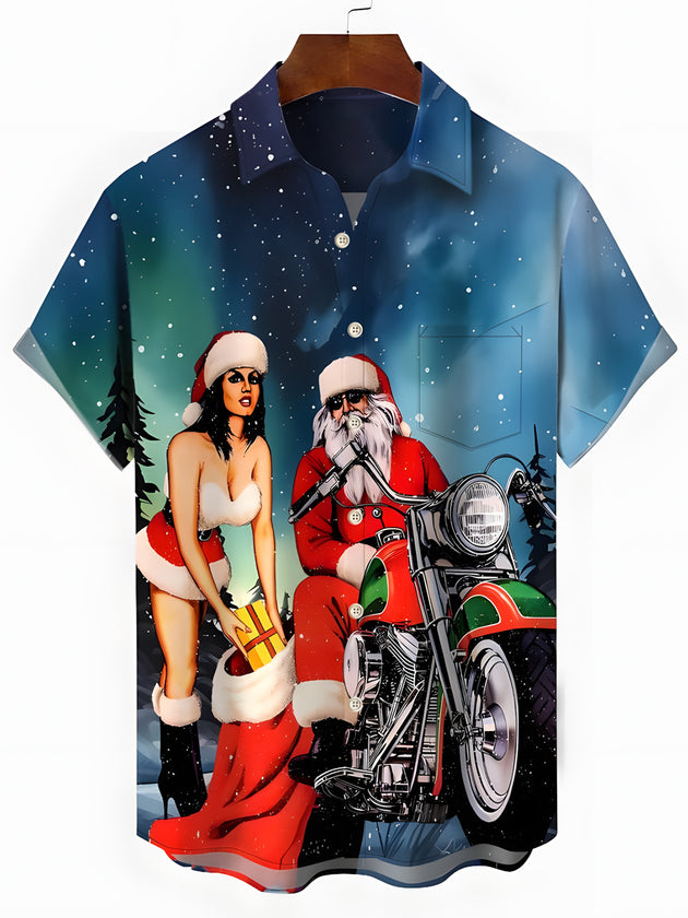 Men's Christmas motorcycle pocket short sleeve shirt front view for Christmas holiday party