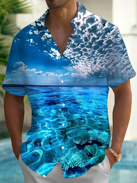 men's Hawaiian shirt front view tropical beach vacation