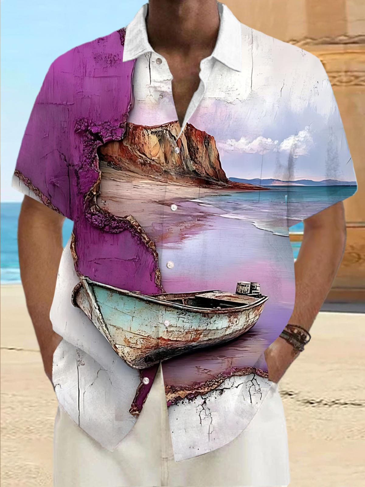 Boat Scenery Art Print Men's Pocket Short Sleeve Shirts
