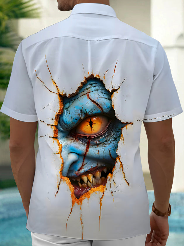 Men's black abstract print short sleeve shirt back view