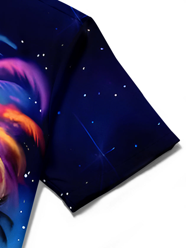 Men's Hawaiian coconut tree fireworks print detail close-up view short sleeve shirt
