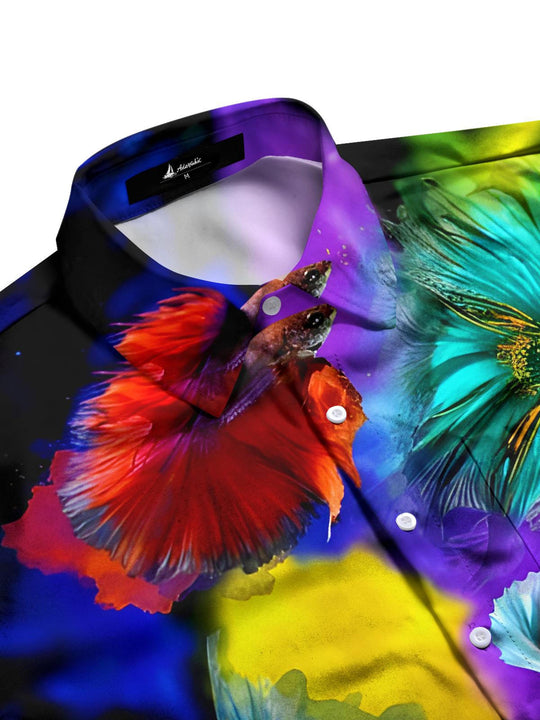 Men's tropical fish print short sleeve shirt side view